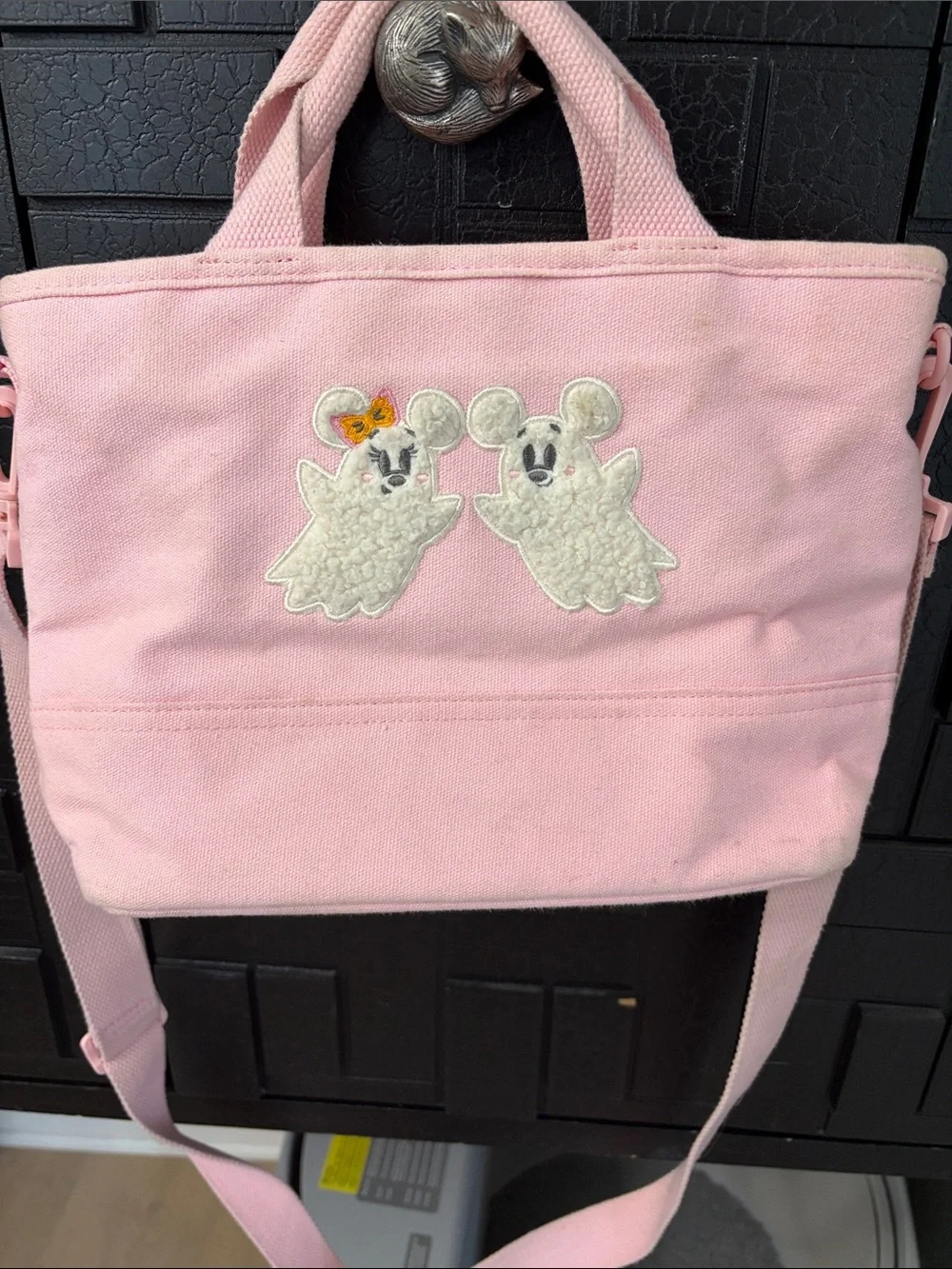 Disney Pink Canvas Tote with White Ghost Mouse Appliqués